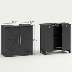 Farmhouse Pedestal Sink Storage Cabinet, Bathroom Sink Cabinet with 2 Barn Doors and Adjustable Shelf, Distressed Black