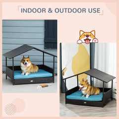 Wicker Dog House Outdoor with Canopy, Rattan Dog Bed with Water-resistant Cushion, Raised Pet Bed for Small, Medium Breeds up to 66 lbs, 20" in Length, Brown Wicker, Blue Cushion