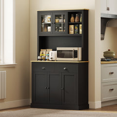 Freestanding Kitchen Cabinet, 71" Tall Pantry Cabinet, Modern Hutch with Wide Countertop, Adjustable Shelves, Black