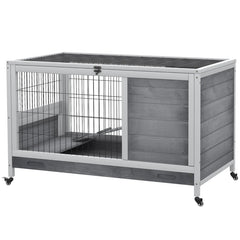 PawHut Indoor Rabbit Enclosure, Wooden Elevated Cage Habitat With Enclosed Run With Wheels - Ideal For Rabbits And Guinea Pigs