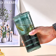 20 Oz 2-pack Glass Straw Cup With Vertical Pattern Cup And Lid, High Borosilicate Heat-resistant Glass Cup For Juice, Milk And Cold Drinks