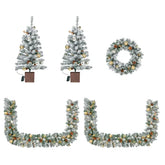 Pre-lit Holiday Christmas 4-Piece Set, Christmas Garland, Wreath And Set Of 2 Entrance Trees With Warm White LED Lights And Remote Control, Artificial Christmas Tree Celebrating Set, Snowy Green