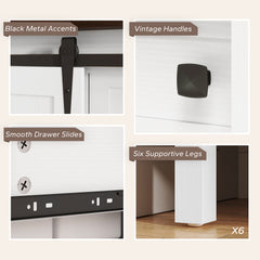 59" Buffet Cabinet, Farmhouse Sideboard with Thick Top, 2 Barn Doors, 4 Drawers and 2 Adjustable Shelves, White