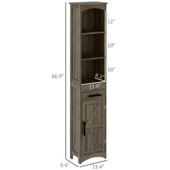 Farmhouse Tall Slim Bathroom Storage Cabinet with Recessed Drawer, Narrow Cabinet with Barn Door, Weathered Gray Oak