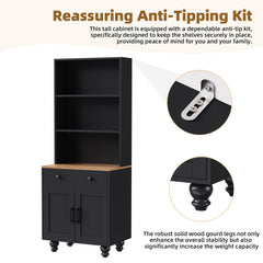 ON-TREND Farmhouse TV Stand With Solid Wood Gourd-Shaped Legs For TVs Up To 70, Entertainment Center With Bookshelves & Tempered Glass Doors, Media Console With Adjustable Shelves, Living Room, Black