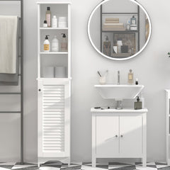 Tall Bathroom Storage Cabinet/Freestanding Linen Tower with 3-Tier Open Adjustable Shelf and Cupboard, White