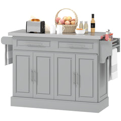 Rolling Kitchen Island Cart with Wheels, Portable Island Table for Kitchen with Stainless Steel Top, Adjustable Shelves, 2 Drawers, Spice, Knife and Towel Rack, Gray
