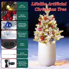 2PCS 50 LED Solar Artificial Christmas Tree - Lifelike Design With 2 Lighting Modes, 600mAh Battery 4H Fast Charge, IP44 Waterproof Holiday Decoration With Red Berries/Decor Balls