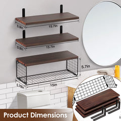 2 In 1 Floating Shelves Wall Mounted With Storage Basket Bathroom Shelves Over Toilet Wooden Shelves For Bedroom Living Room Kitchen Office Wall Decor Plants