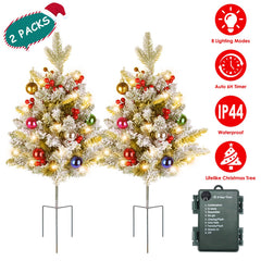 2Pcs Solar Powered Lighted Christmas Tree Urn Filler With Light Artificial Xmas Trees Light With Berries Decor Balls