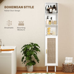 Tall Bathroom Cabinet with Rattan Doors, Freestanding Bathroom Storage Cabinet with Adjustable Shelves, White
