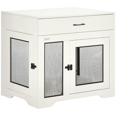 Dog Crate Furniture with Soft Water-Resistant Cushion, Dog Kennel End Table with Drawer, Puppy Crate for Small Dogs Indoor with 2 Doors, White