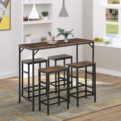 5-Piece Industrial Dining Table Set, Bar Table & 4 Stools Set, Space Saving for Pub & Kitchen, Rustic Brown/Black
