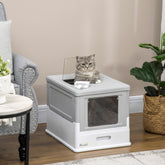Fully Enclosed Cat Litter Box with Front Entry and Top Exit, Plastic, Gray & White