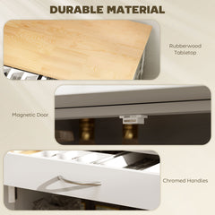 Rolling Kitchen Cart, Kitchen Island with Storage Drawer, 9-bottle Wine Rack, Door Cabinets, Wooden Countertop, White