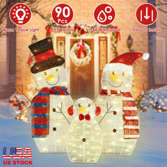 3Pcs 2D Christmas Snowman Yard Decoration Snowman Family Outdoor Decoration With 90Pcs LED Warm Yellow Lights 8 Lighting Modes IP44 Waterproof For Christmas Holiday Display