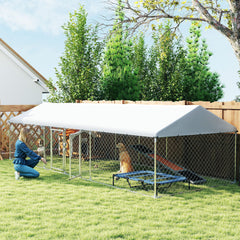 Two Room Outdoor Dog Kennel, Dog Run with Roof, Waterproof UV-Resistant Cover, Secure Lock, 19.7' x 7.5' x 5.2'
