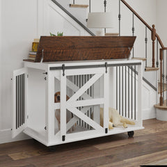 47.2 Mobile Dog Crate With Flip-Top Feeding Door, Dual-Access & 5 Caster System 2 Locking, Side Hooks - Multi-Functional Pet Kennel,double Dog Crate Furniture