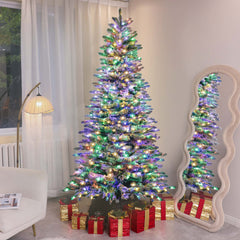 HOMCOM 7.5 Ft Pre-Lit Mountain Pine Artificial Christmas Tree, Snow Flocked Christmas Tree, Hinged Xmas Tree With 500 LED Lights And 1264 Branch Tips For Holiday Party Decoration, Green