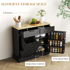 10 Gallon Farmhouse Kitchen Cabinet with Hidden Trash Can and 2 Drawers, Tilt Out Trash Can Cabinet for Kitchen, Black
