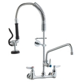 Commercial Faucet With Pre-Rinse Sprayer, 25' Height, 8' Center, 12' Swing Spout, Wall Mount Kitchen Sink Faucet, Brass Constructed Device With Pull Down Spray, For 1/2/3 Compartment Sink