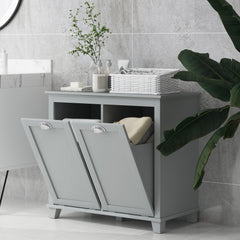 Dual Tilt out Laundry Hamper Cabinet, Bathroom Storage Cabinet with 2-Compartment Hamper, Modern Bathroom Floor Cabinet for Washroom, Gray
