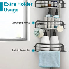 Rust-Resistant Corner Shower Caddy For Bathroom 4 Height Adjustable Shelves With Tension Pole Towel Bar Hanging Hook Floor Standing Bath Storage Rack 8.66-116.14IN