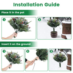 2Pcs Christmas Tree Urn Filler With Light Artificial Lighted Xmas Trees Light With Cones Berries Holiday Planter Filler LED Pathway Pine Tree IP44 Waterproof With Tripod Stake 50 Beads