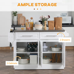 Rolling Kitchen Island Cart with Wheels, Portable Island Table for Kitchen with Stainless Steel Top, Adjustable Shelves, 2 Drawers, Spice, Knife and Towel Rack, White