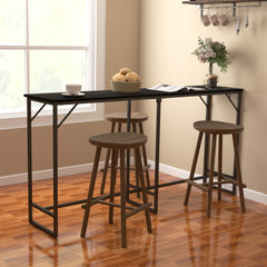 70" Bar Table with Charging Station, Industrial Rectangular Bar Height Pub Table with Steel Frame, Black Wood Grain