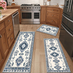 Blue And White Retro Ethnic Style Kitchen Carpet Three-piece Set Niche Artistic Texture Infuses Retro Ritual Feeling For Kitchen Space Non-slip Easy-to-clean And Also Produces A Piece Of Cashmere-like