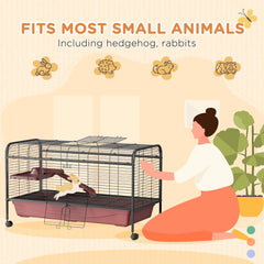 48" L Small Animal Cage, Pet Play House for Rabbit Hutch or Ferret with Feeder, Rolling Wheels, Platform, Ramp