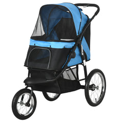 3 Wheels Pet Stroller for Small Dogs and Medium Dogs with Adjustable Canopy, Safety Tether, Storage Basket, Blue