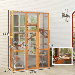 Outdoor Catio Cat Enclosure, Large Wooden Cat House with 6 Jumping Platforms, Scratching Post, 2 Ramps, for 2-3 Kittens
