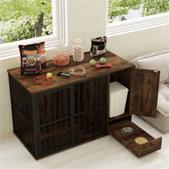 Coffee 2-in-1 Dog Crate End Table With Pull-Out Feeder, Chew-Resistant Metal Tube Pet Furniture For Small & Medium Dogs