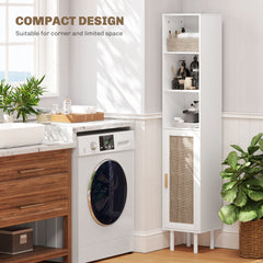 Tall Bathroom Cabinet with Rattan Doors, Freestanding Bathroom Storage Cabinet with Adjustable Shelves, White