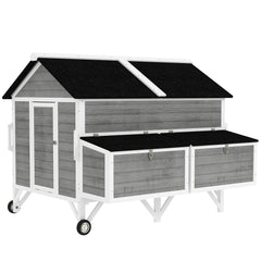 59" Wooden Chicken Coop w/ Wheels, Handles, 2 Nesting Boxes, 2 Trays, 4 Perches, Chicken Tractor for 4-6 Chickens, Gray