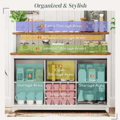 55" Coffee Bar Cabinet with Lights, Farmhouse Wine Cabinet with Wine and Glass Racks for Kitchen, Dining Room, White