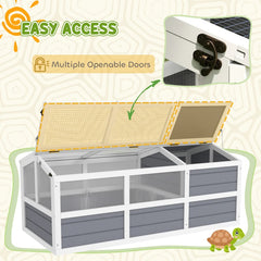 PawHut Wooden Tortoise Habitat Outdoor W Bottomless Design, Doors, PC Sun Panel Windows, For Small Animals, Rabbit, Light Gray