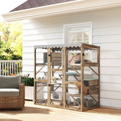 Outdoor Cat Enclosure With Window Access, 5 Platforms And 2 Resting Boxes, Waterproof Roof For Multiple Cats, Brown