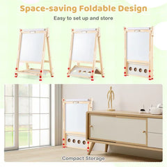 Natural Pine Wood 3-in-1 Kids Art Easel With Magnetic Whiteboard & Chalkboard, Adjustable Height Foldable Drawing Board For Ages 3-14