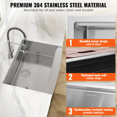 Farmhouse Kitchen Sink, 304 Stainless Steel Drop-In Sinks, Single Bowl Basin With Ledge & Accessories, Household Dishwasher Sinks For Workstation, Prep Kitchen, And Bar Sink, 36 Inch
