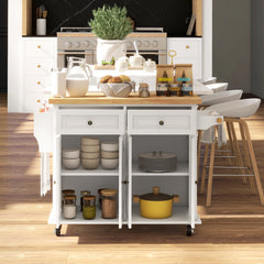 Kitchen Island on Wheels, Rolling Cart with Rubberwood Top, Spice Rack, Towel Rack and Drawers, Cream White