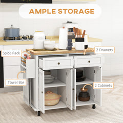 Modern Rolling Kitchen Island Cart with Spice Rack, Distressed White