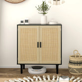 Bohemian Sideboard, 31.5" Buffet Cabinet with 2 Rattan Doors and Shelves for Living Room, Hallway, Black