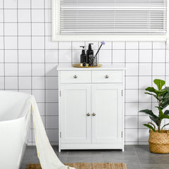 Freestanding Bathroom Floor Cabinet, Wooden Bathroom Cabinet with 2 Doors, 2 Drawers and Adjustable Shelf, White