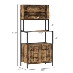 Baker's Rack with Power Outlet and Storage Shelves, Microwave Stand with Louvred Door Cabinets, Rustic Brown