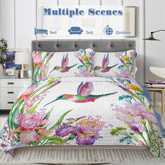 Watercolor Hummingbird Flowers Pattern Quilt Set -1 Quilt, 2 Shams