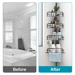 Corner Shower Caddy Tension Pole, Quick Setup, Rust-Free Bathroom Shower Organizer Corner For Bathtub Shampoo Storage, 4-Tier Adjustable Shelf, Drill Free, Fits 8.66 To 116 Inch Height, Black