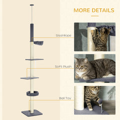Floor To Ceiling Cat Tree, 5-Tier Cat Climbing Tower, 95''-106'' Height Adjustable with Carpeted Platforms, Cozy Bed, Hammock, Scratching Post & Toy Ball for Indoor Cats, Dark Gray and Cream